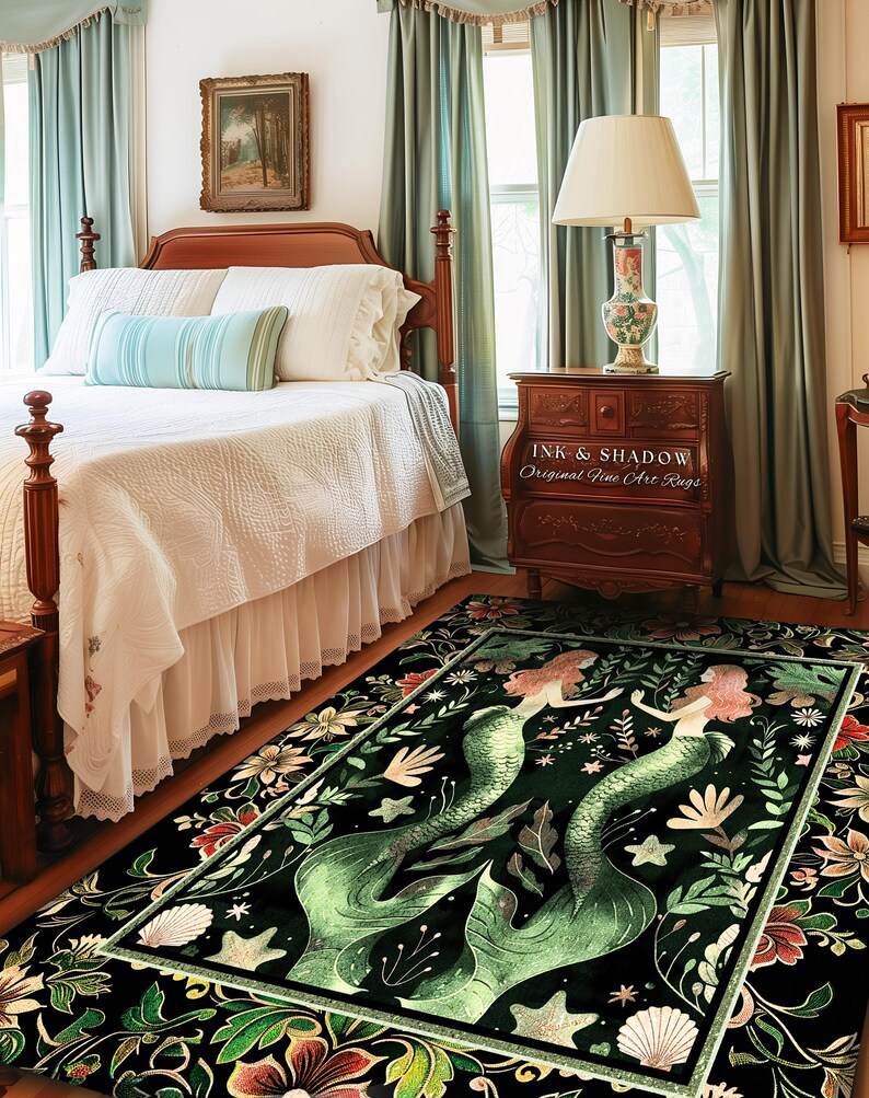 Enchanted Ocean Mermaid Floral Sea Life Rug | Vintage Emerald Green Whimsical Coastal Cottagecore Art Nouveau Underwater Fantasy Ocean Decor 画像 13