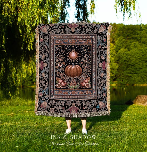 Baroque Elegance Fall Pumpkin Blanket | Aesthetic Fall Throw Spooky Season Gothiccore Witchy Cozy Autumn Blanket Rustic Fall Tapestry Woven