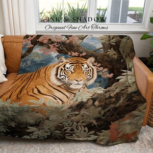 Vintage Tiger Blanket Woven Tapestry | Gothic Renaissance Blanket Woven Blanket Jungle Cat | Whimsigoth Room Decor Jungle Aesthetic Blanket image 6