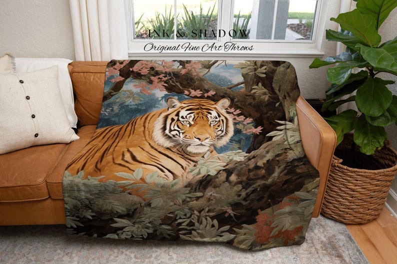 Vintage Tiger Blanket Woven Tapestry | Gothic Renaissance Blanket Woven Blanket Jungle Cat | Whimsigoth Room Decor Jungle Aesthetic Blanket image 6