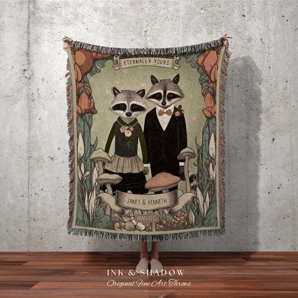 Raccoon Couple Anniversary Blanket | Cottagecore Wedding Gothic Raccoon Blanket Couples Tapestry Personalized Mr & Mrs Anniversary Blanket |