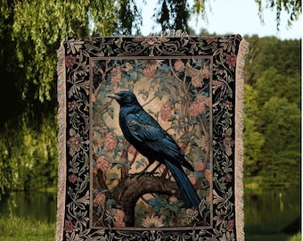 Witchy Room Decor Woven Blanket | Ethereal Bedroom Throw Decor Cottagecore Tapestry Dark Fairycore Book Nook Woodland Crow Core Raven Gothic