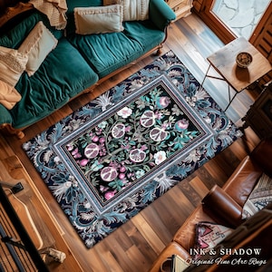 Enchanted Floral Pomegranate Rug Whimsigothic Botanical Witch Cottagecore Decor, Witchy Dark Academia Indigo Blue Forestcore Art Nouveau Rug imagem 8