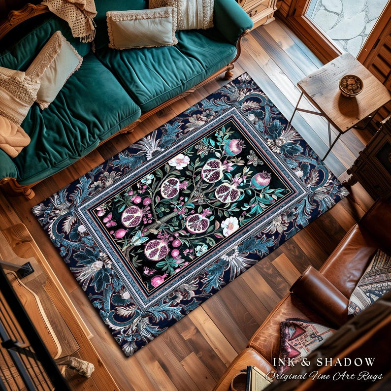 Enchanted Floral Pomegranate Rug Whimsigothic Botanical Witch Cottagecore Decor, Witchy Dark Academia Indigo Blue Forestcore Art Nouveau Rug imagem 8