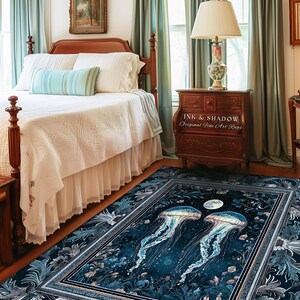 Lunar Ocean Jellyfish Rug Deep Blue Ethereal Coastal Decor, Enchanted Art Nouveau Cottagecore Marine Scene Moonlight Nautical Underwater Rug image 8