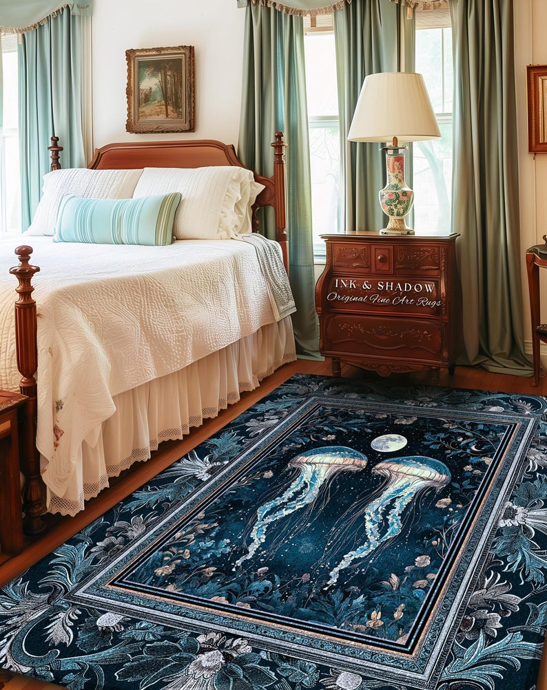 Lunar Ocean Jellyfish Rug Deep Blue Ethereal Coastal Decor, Enchanted Art Nouveau Cottagecore Marine Scene Moonlight Nautical Underwater Rug image 8