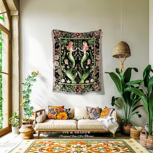 Enchanted Ocean Mermaid Floral Sea Life Blanket Emerald Green Whimsical Coastal Cottagecore, Art Nouveau Underwater Fantasy Tapestry Throw imagen 9