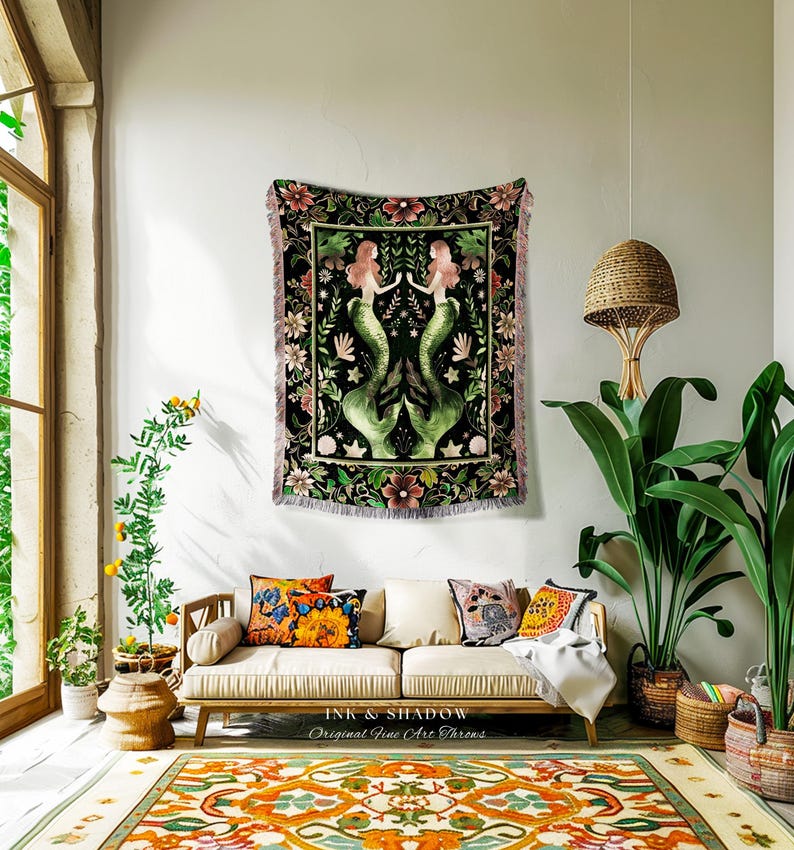 Enchanted Ocean Mermaid Floral Sea Life Blanket Emerald Green Whimsical Coastal Cottagecore, Art Nouveau Underwater Fantasy Tapestry Throw imagen 9