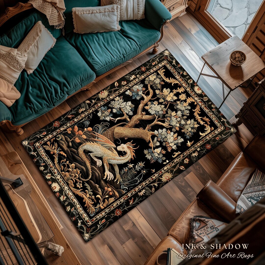 Dragon Aesthetic Botanical Rug | Dark Academia Room Decor Fairytale ...