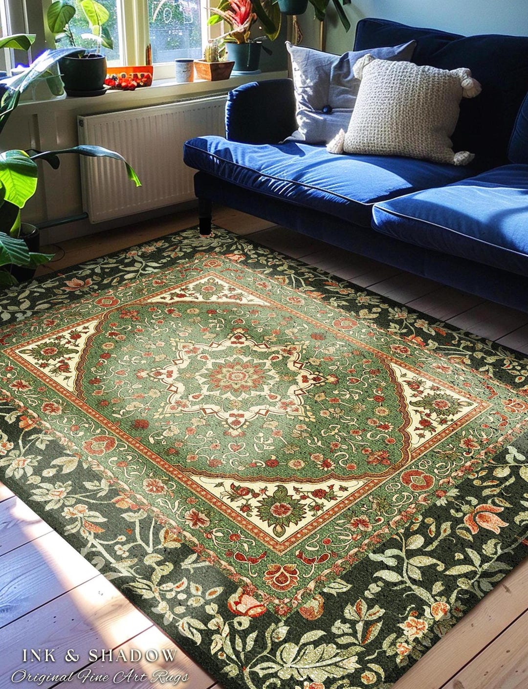 Ornate Floral Medallion Sage Green Rug Antique Persian Style