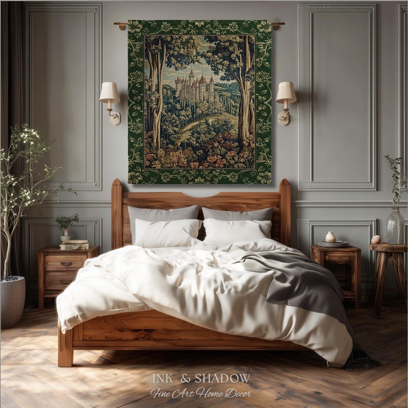 May include: A rectangular wall tapestry featuring a detailed woven scene of a medieval castle nestled within a dense forest. The artwork is framed by a dark green border with intricate floral patterns and hangs above a wooden bed frame.
