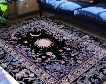 Midnight Lavender Celestial Rug | Witchy Pastel Tarot-Inspired Bohemian Sun and Moon Maximalist Astrology Whimsical Purple Bedroom Decor |