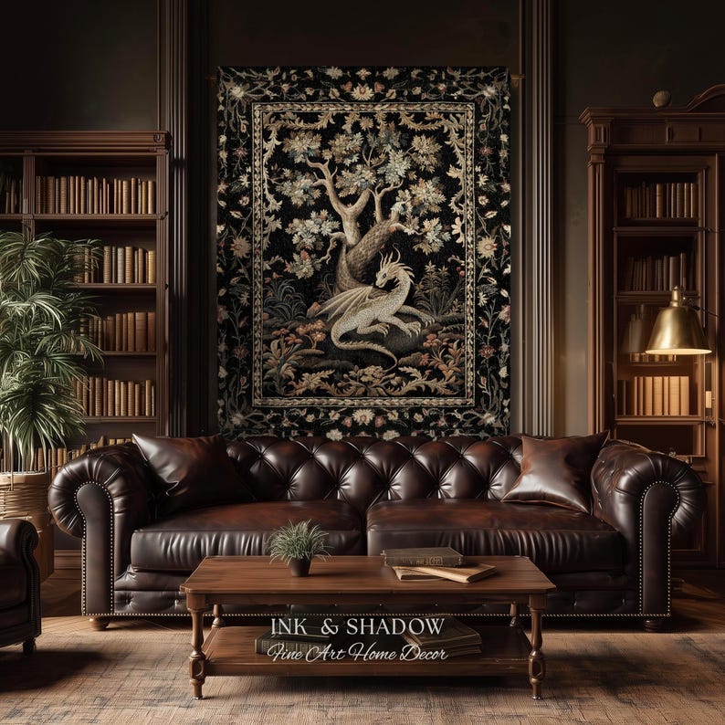 Medieval Aesthetic Dragon Blanket | Fairytale Inspired Nursery Decor Morris Style Cottagecore Fairycore Woven Throw Tapestry Botanical | image 9