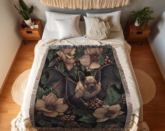 Floral Bat Dark Botanical Throw | Woven Blanket Woodland Wall Art Gothic Bedroom Decor Astrology Bat Wall Hanging Tapestry Whimsigoth Witchy
