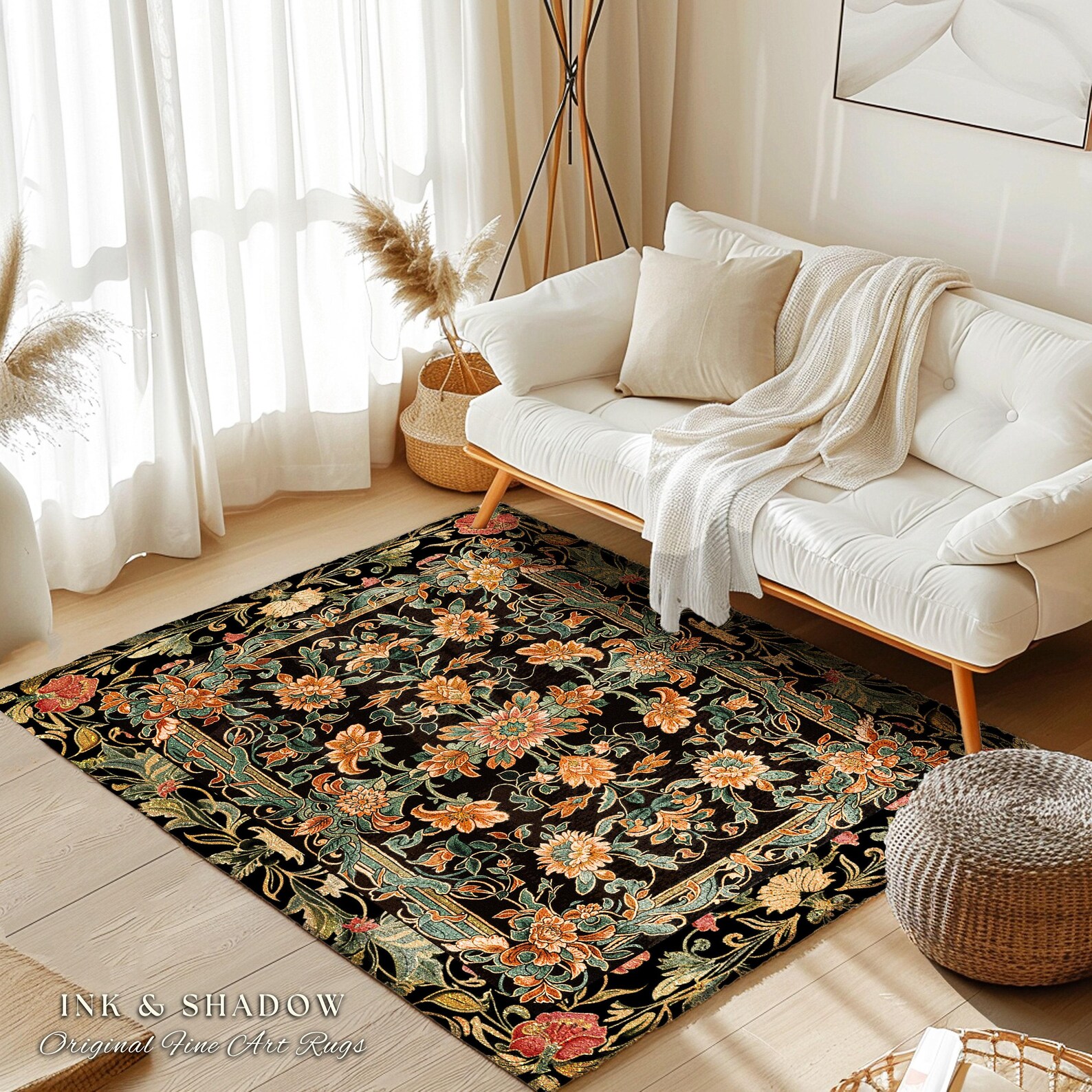 Peachy Rustic Rug Peachy Floral Area Rug | Dark Floral Woodland Living Room Home Decor ...