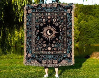 Mystic Moon Dark Academia Tapestry | Celestial Tarot Inspired Gothic Maximalist Bedroom Throw Blanket Whimsical Astrology Ethereal Witchy |