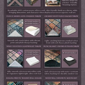 The image is a collection of various textures and patterns, including woven throw and tapestry wall art, as well as printed fabrics and textiles.