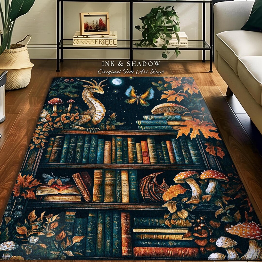 Literary Rug Midnight Blue Magical Literary Dragon Rug Mystic Moon Bookish Home ...