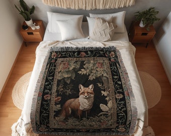 Woodland Fox Botanical Throw | Ornate Room Decor Forestcore Fairycore Boho Bedroom Blanket Woven Tapestry Ethereal Decoration Cottagecore |