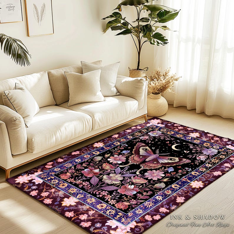 Purple Moth Celestial Rug Boho Fairycore Dark Floral Decor | Enchanted Fairy Cottagecore Butterfly Lovers Moth Moon Rug Whimsical Goth Gift Bild 13