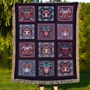 Whimsical Boho Mushroom Strawberry Blanket Cozy Cottagecore Purple Checked Throw | Whimsigoth Maximalist Aesthetic Dark Cottagegoth Decor image 1
