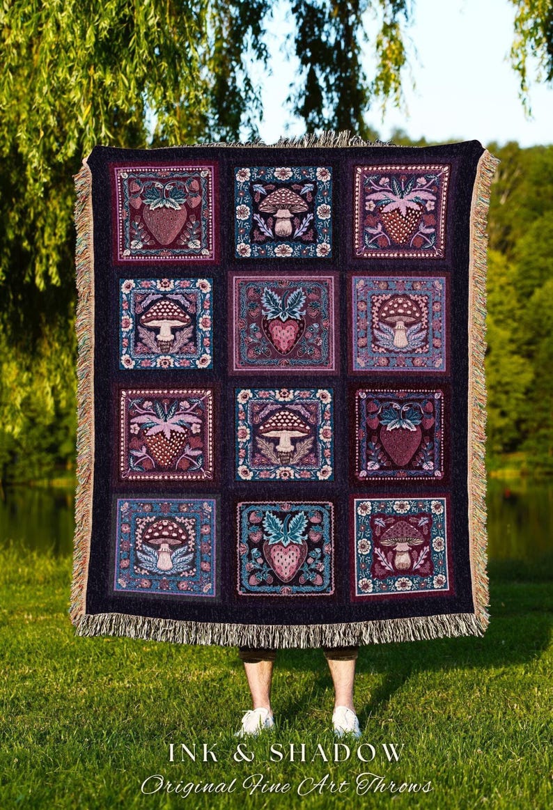 Whimsical Boho Mushroom Strawberry Blanket Cozy Cottagecore Purple Checked Throw | Whimsigoth Maximalist Aesthetic Dark Cottagegoth Decor image 1