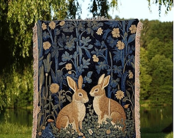 Hygge Tapestry Vintage Folk Art | Woven Tapestry Blanket William Morris Throw Woodland Decor Botanical Rabbit Aesthetic Woodland Fairycore |