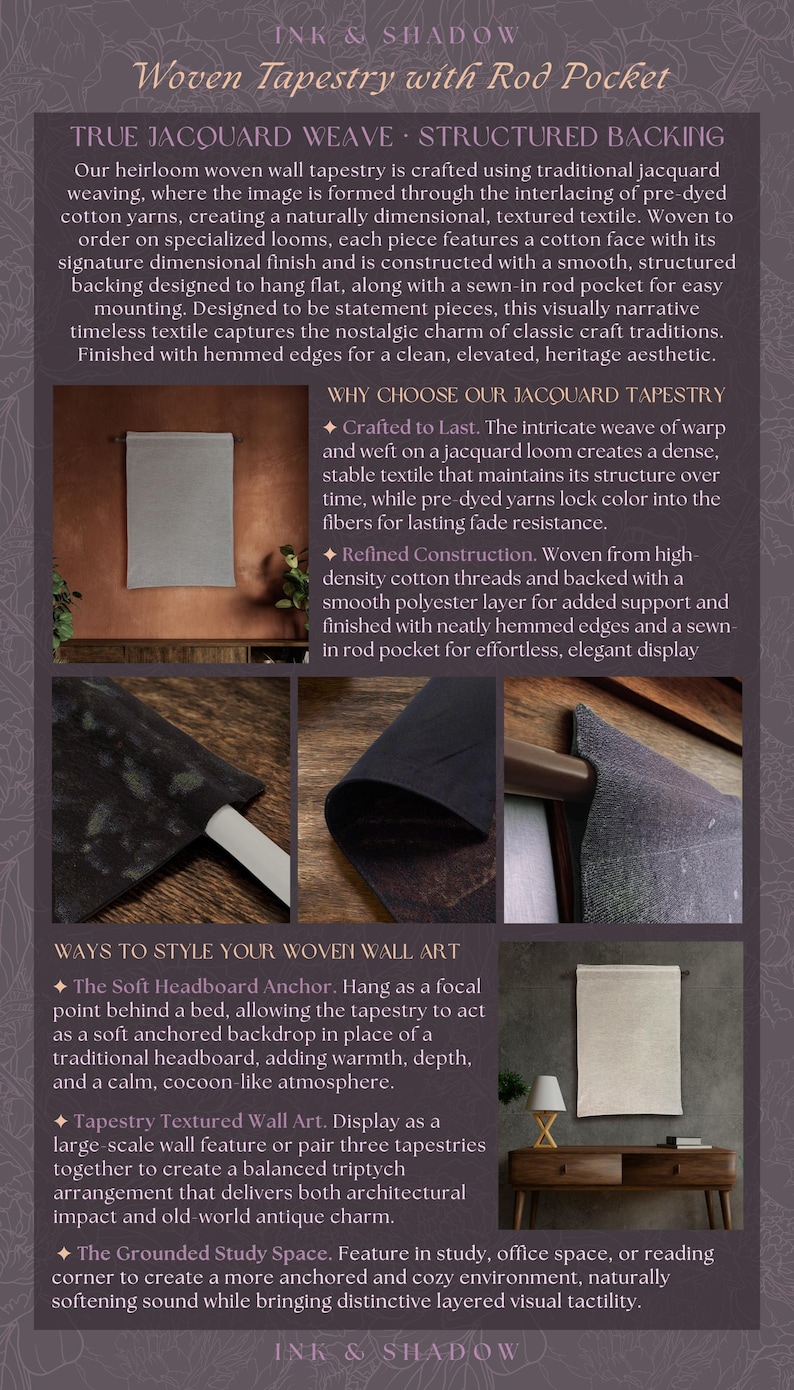 May include: Woven tapestry with rod pocket, featuring a textured design. The image showcases the tapestry's construction, including a cotton face, structured backing, and sewn-in rod pocket. The text highlights the tapestry's features and styling options.