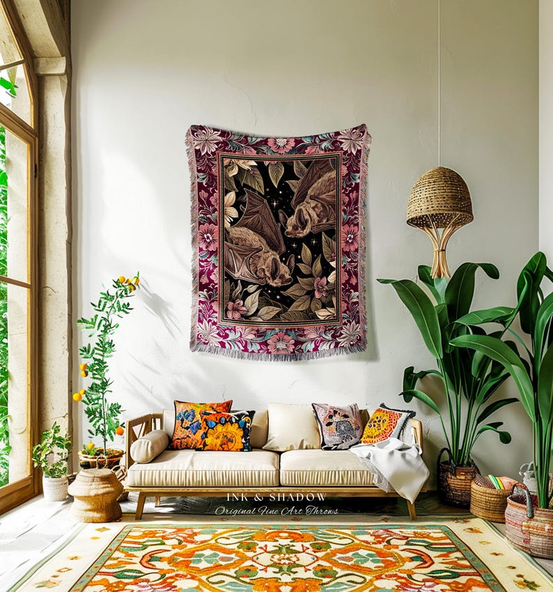 Romantic Victorian Gothic Bat Blanket Whimsical Dark Floral Baroque Forestcore | Ethereal Botanical Woodland Cottagecore Art Tapestry Throw bild 6