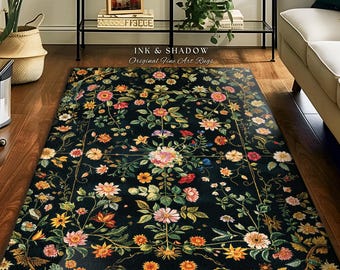 Vintage Dark Academia Wildflower Rug | Floral Aesthetic Ornate Gothic Home Decor Whimsical Rustic Housewarming Gift Ethereal Dark Academia