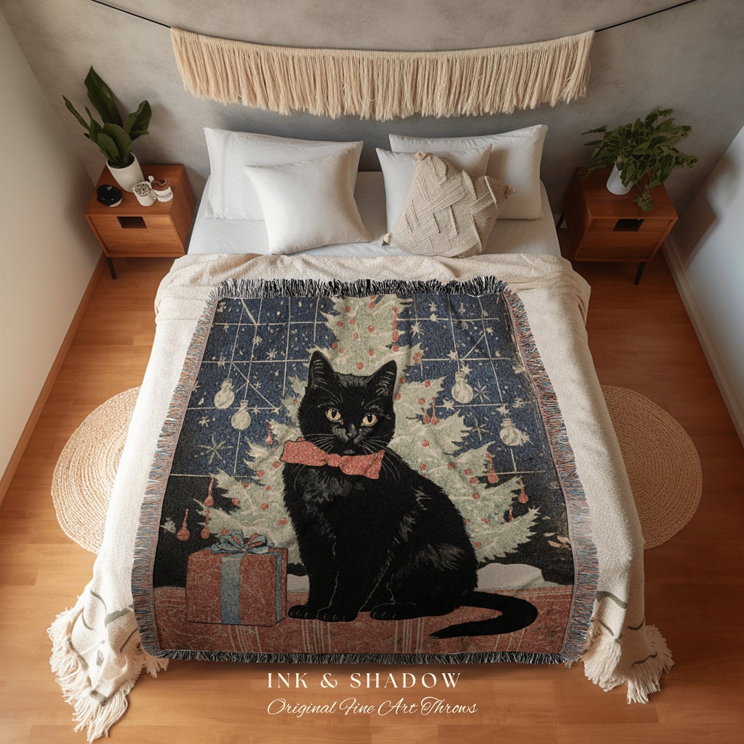 Vintage Yuletide Cat Blanket Woven Tapestry Whimsical Cat Etsy UK