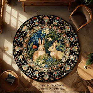 Woodland Fairycore Floral Round Rabbits Rug Morris Inspired Forest Fairycore | Botanical Bunny Victorian Cottagecore Bunnies Spring Art Rug
