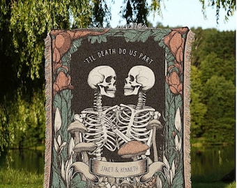 Skeleton Couple Custom Gift 'Til Death Do Us Part' Personalized Tapestry | Gothic Wedding Custom Blanket Woven | Spooky Wedding Gift Custom