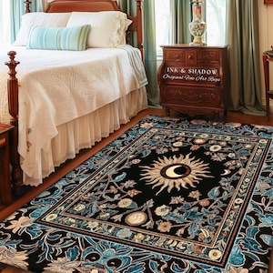 Mystic Moon Dark Academia Rug | Celestial Tarot Inspired Gothic Maximalist Bedroom Rug Whimsical Astrology Ethereal Witchy Home Decor