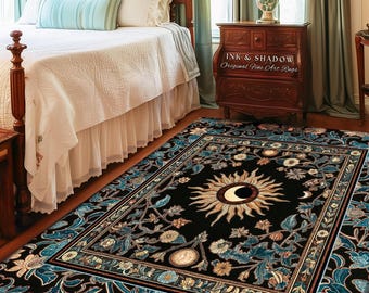 May include: A rectangular black rug with a celestial design featuring a sun and crescent moon in the center, surrounded by floral and botanical patterns in teal, beige, and brown. The rug is placed in a bedroom setting.