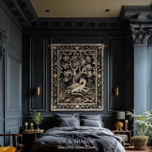 May include: A rectangular wall tapestry featuring a central illustration of a white dragon resting beneath a large tree, surrounded by a detailed floral border on a black background. The text "INK & SHADOW Fine Art Home Decor" is visible.