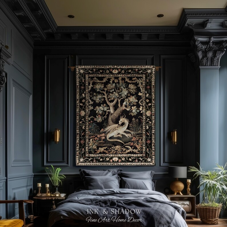 May include: A rectangular wall tapestry featuring a central illustration of a white dragon resting beneath a large tree, surrounded by a detailed floral border on a black background. The text "INK & SHADOW Fine Art Home Decor" is visible.