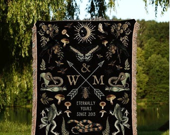 Occult Blanket Custom Anniversary Gift Personalized Initials Blanket Woven Tapestry | Custom Anniversary Blanket Cute Gift for Goth Couples
