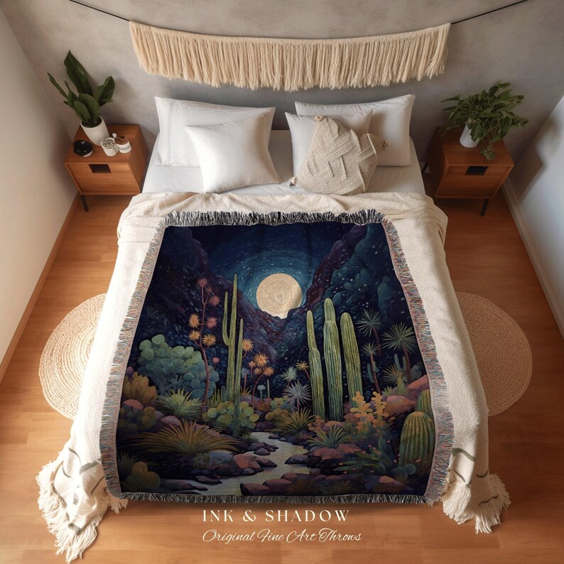 Moonlit Landscape Desert Throw Blanket Woven Tapestry Night Sky Cactus Blanket Desert Night Mystical Blanket Southwestern Boho Blanket Bild 3