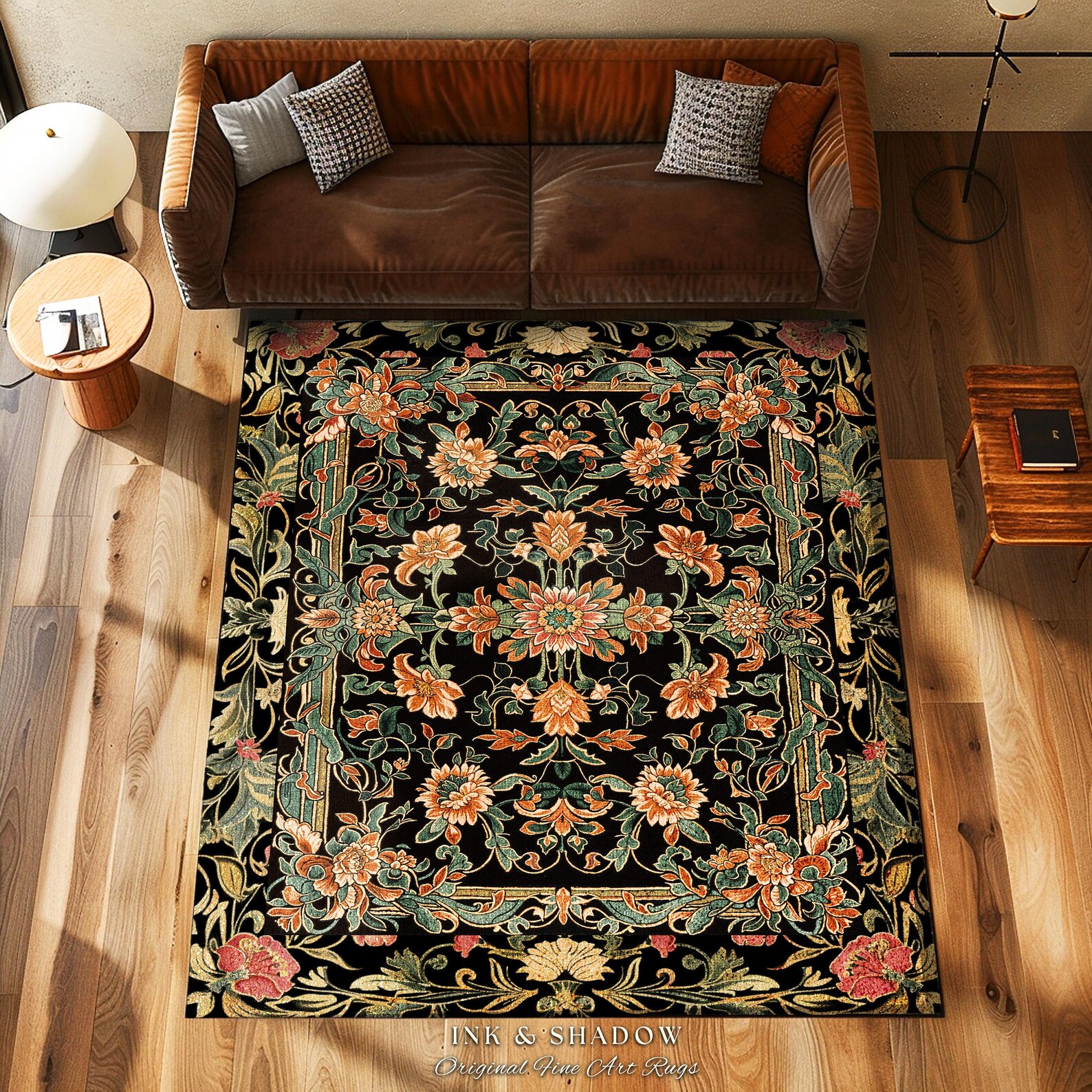 Peachy Rustic Rug Peachy Floral Area Rug | Dark Floral Woodland Living Room Home Decor ...