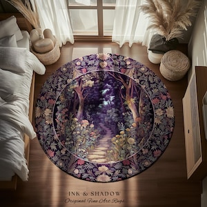 Magical Woodland Mushroom Round Rug | Fairytale Theme Woodland Botanical Aesthetic Whimsical Home Decor Bedroom Housewarming Gift Purple |