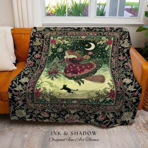 Snowy Magic Celestial Witch Blanket | Gothic Magic Black Cat Woven Tapestry Broomstick Ride Moon Stars Botanical Frame Mystical Folklore Art immagine 3