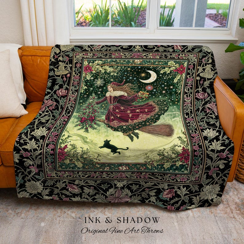 Snowy Magic Celestial Witch Blanket | Gothic Magic Black Cat Woven Tapestry Broomstick Ride Moon Stars Botanical Frame Mystical Folklore Art immagine 3