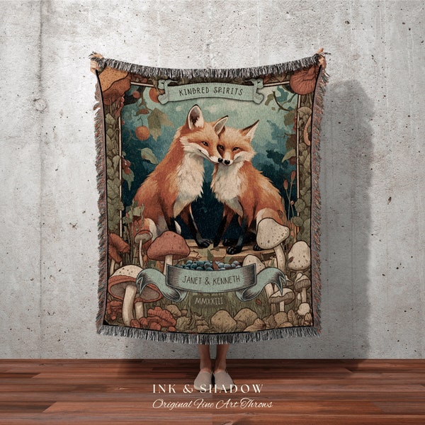 Celestial Woodland Wedding Blanket | Cottagecore Wedding Gothic Fox Blanket Cute Couples Tapestry Personalized Mr & Mrs Anniversary Blanket