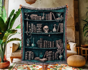Mystical Witchy Art Bookshelf Tapestry Blanket Witch Cottagecore Woven Throw Gothic Skulls Home Decor Occult Dark Academia Book Lovers Gift