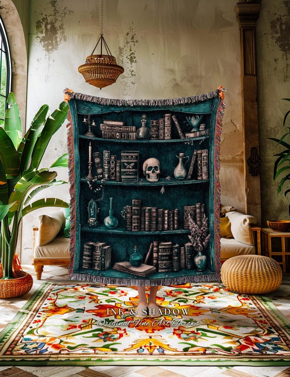 Mystical Witchy Art Bookshelf Tapestry Blanket Witch Cottagecore