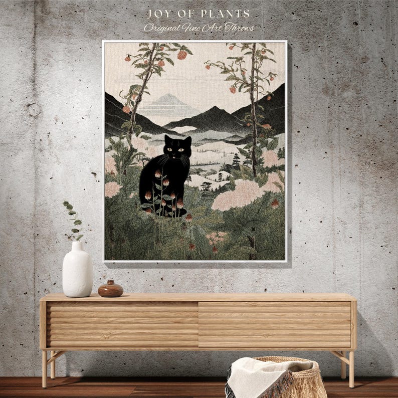 Vintage Cat Tapestry Blanket Woven | Japanese Tapestry Boho Room Decor Blanket | Autumn Decor Tapestry Black Cat Blanket Dorm Room Decor | zdjęcie 3