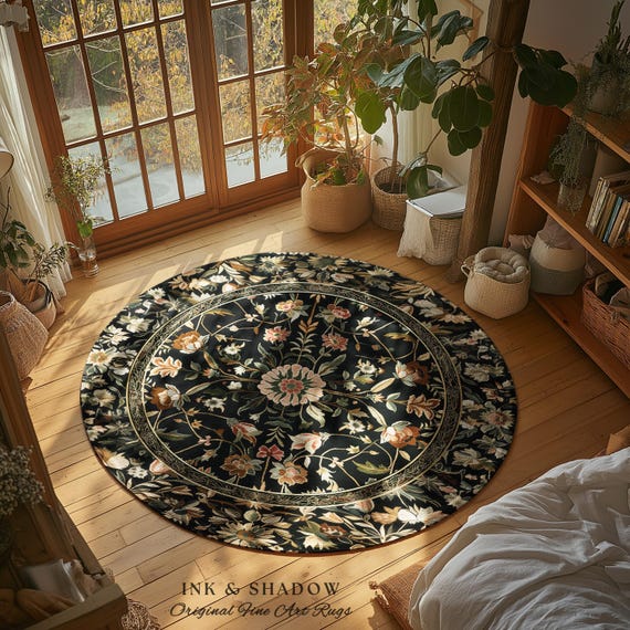 Victorian Folk Art Floral Rose Garden Rug | Dark Cottagecore