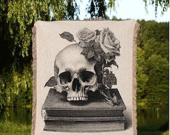 Macabre Tapestry Gothic Room Decor Skull Tapestry Woven Wall Hanging | Renaissance Art Blanket Woven | Whimsigoth Room Decor Floral Blanket