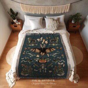 Dark Cottagecore Decor Gothic Tapestry | Goblincore Decor Goth Tapestry Teal Blanket Throw | Witchy Decor Bedroom Goth Blanket Woven Throw image 3